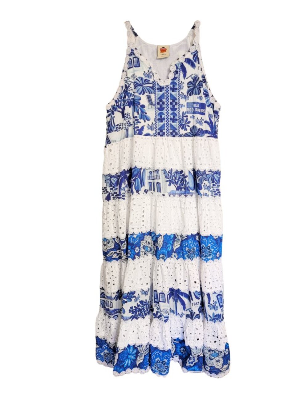 FARM Rio Blue & White Floral Eyelet Tiered Maxi Dress with Waist Tie - Picture 4 of 10